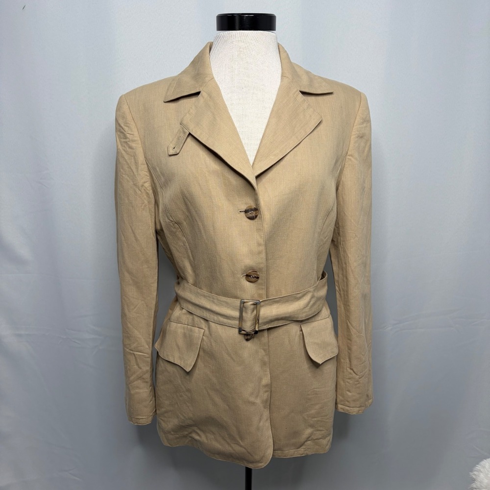 Rena Rowan Tan Herringbone Linen Blend Belted Safari Jacket Womens 12 Utility